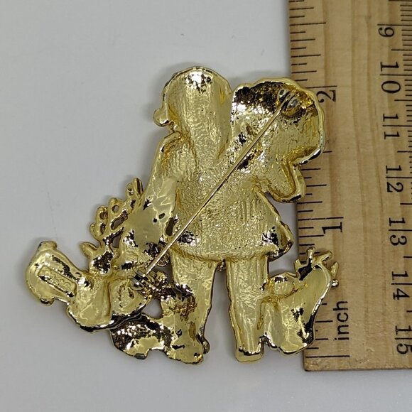 Santa Claus Gold-Tone Brooch Pin With Reindeer & Presents Signed AJC - Picture 2 of 3